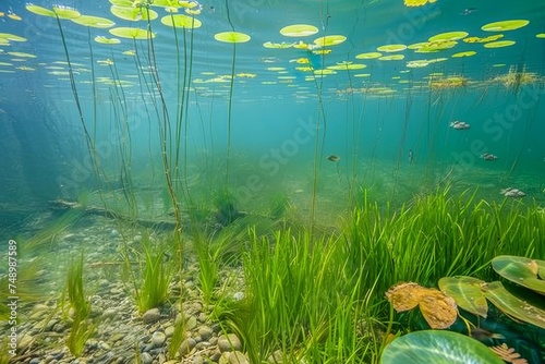 A serene underwater view of a clear freshwater lake with vibrant green plants and floating lily pads. © Sandris