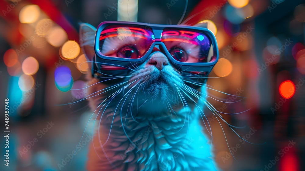 A fantastical white cat immersed in vibrant lights explores virtual reality. Concept Fantasy, Cat, Virtual Reality, Lights, Vibrant