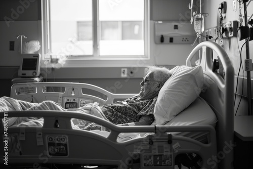 A patient resting in a hospital bed with medical equipment around a scene of quiet recovery.