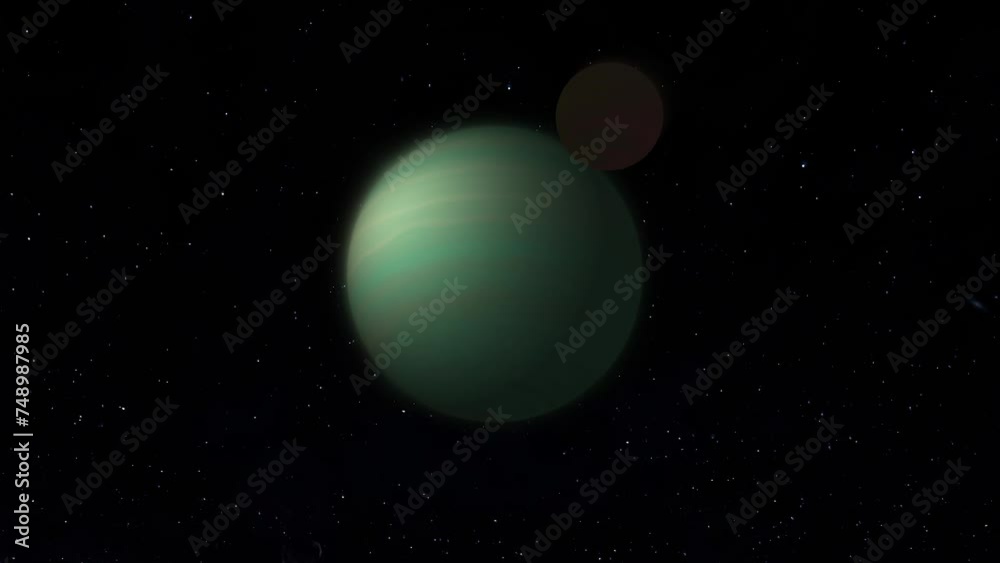 Green planet rotating in deep space with one Red moon