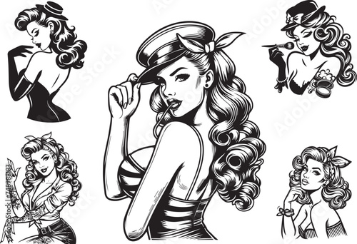 vector hand drawing pin-up girl, women beauty set profiles