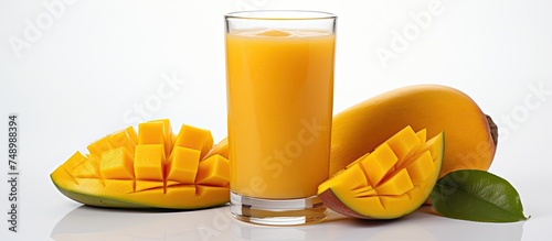 A glass of orange juice sits next to pieces of a freshly cut mango  showcasing a vibrant and refreshing summer snack or drink option.