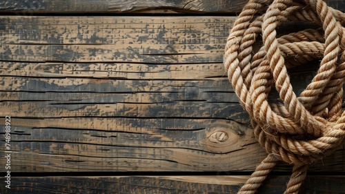 Coiled rope on a rustic wooden plank background