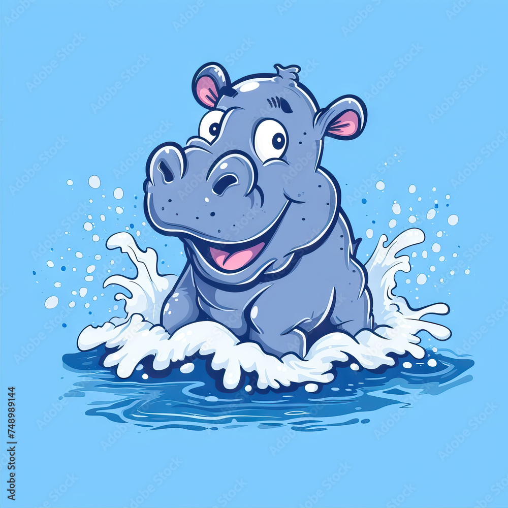 Fototapeta premium Happy Hippo Splashing in a River. Vector Icon Illustration. Animal Nature Icon Concept Isolated Premium Vector. 