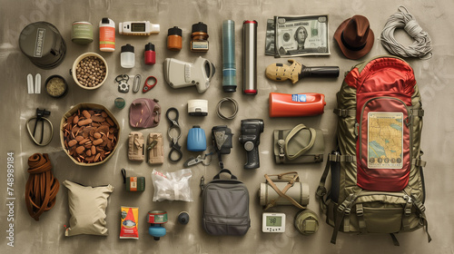 Bug-out bag laid out on a n...