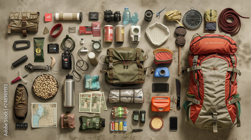 Bug-out bag laid out on a n...