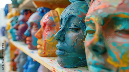 Shelves with colorful painted face sculptures