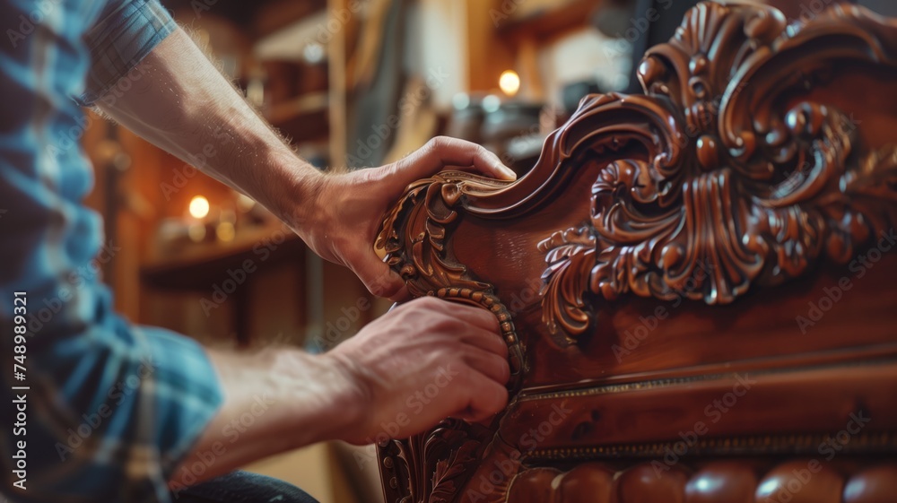 Craftsman hands restoring intricate wooden furniture details - obrazy, fototapety, plakaty 