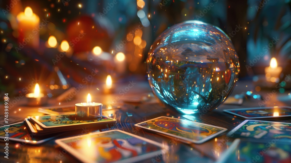 Fototapeta premium Tarot cards and crystal ball with festive lights background
