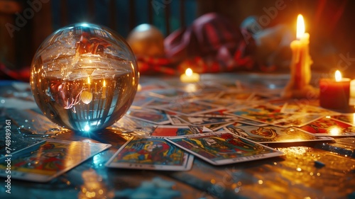 Tarot cards spread with a crystal ball, invoking a mystical atmosphere