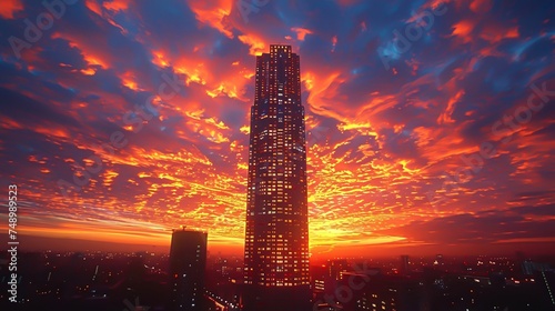 A glass building at sunset