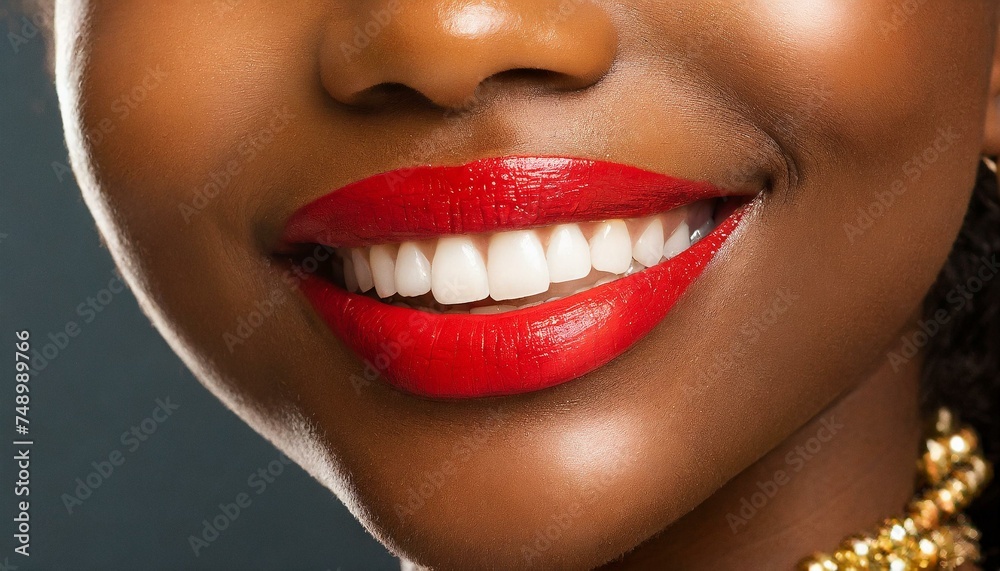 Boca sonrisa hermosa con labios rojos mujer negra - obrazy, fototapety, plakaty 