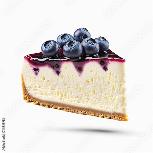 Piece of cheesecake with blueberries, isolated on white background. Blueberry cheesecake
