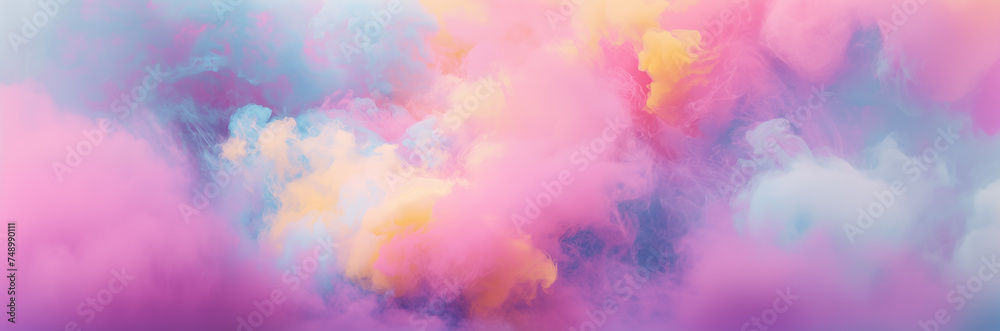 Colorful pastel summer background. Abstract watercolor sunrise sky with fluffy clouds in bright pink, blue, teal, yellow, and purple rainbow colors. Mother’s Day geometric banner copy space by Vita