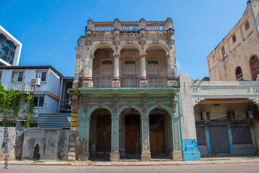Historic buildings on Paseo del Prado between Calle Genios and Refugio Street in Old Havana (La Habana Vieja), Cuba. Old Havana is a World Heritage Site. 