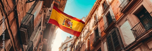 The Spanish flag hanging from a balcony in a narrow street during a sunny day photo