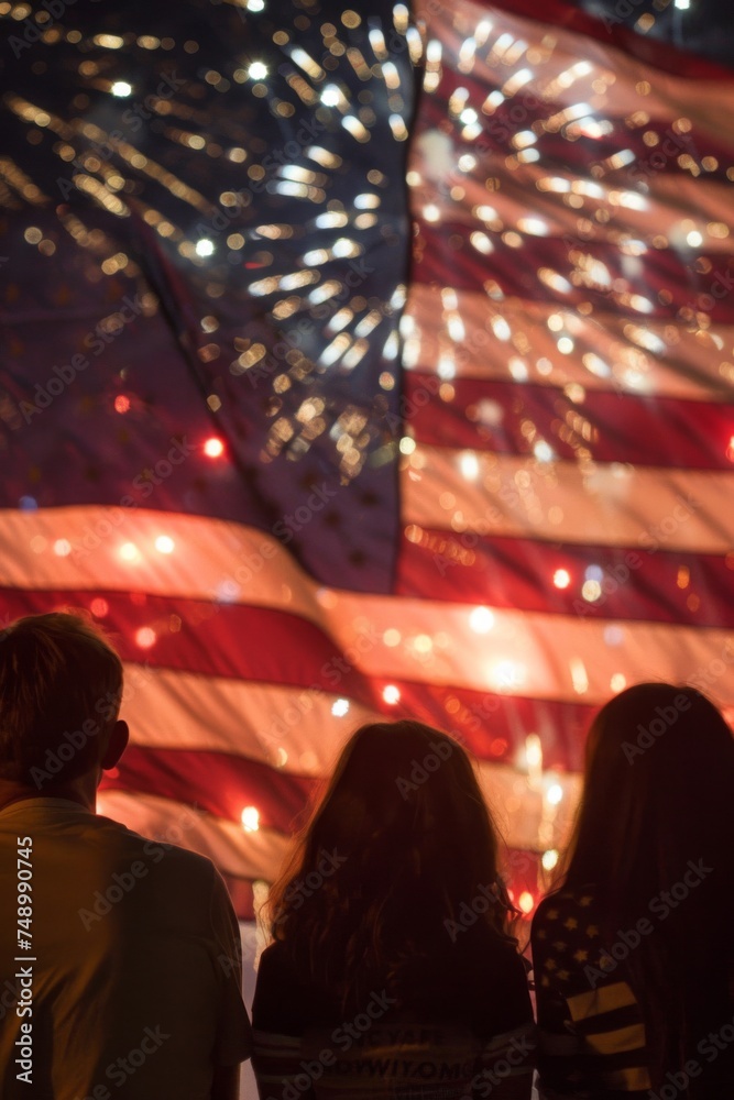USA flag wrapped around a family watching fireworks, Fourth of July celebration