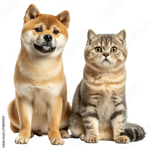 Front view close up of Shiba Inu and Scottish Fold on white or transparent background