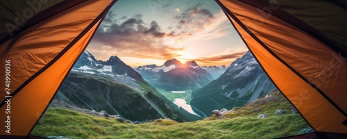 Perfect camping place high in the mountains with tent in summer season, banner. Generative Ai.