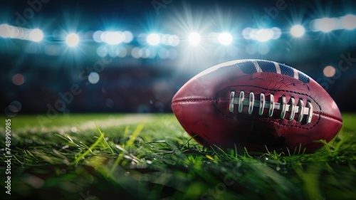 American football on grass under bright stadium lights, evoking excitement