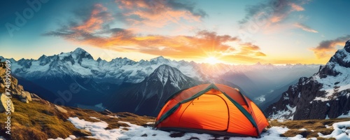 Perfect camping place high in the mountains with tent in winter season, banner. Generative Ai.