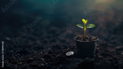A young green sprout emerges from a pot with a coin in the soil, symbolizing growth and investment