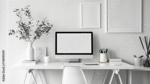 A minimalist home office with a simple desk, ergonomic chair © olegganko