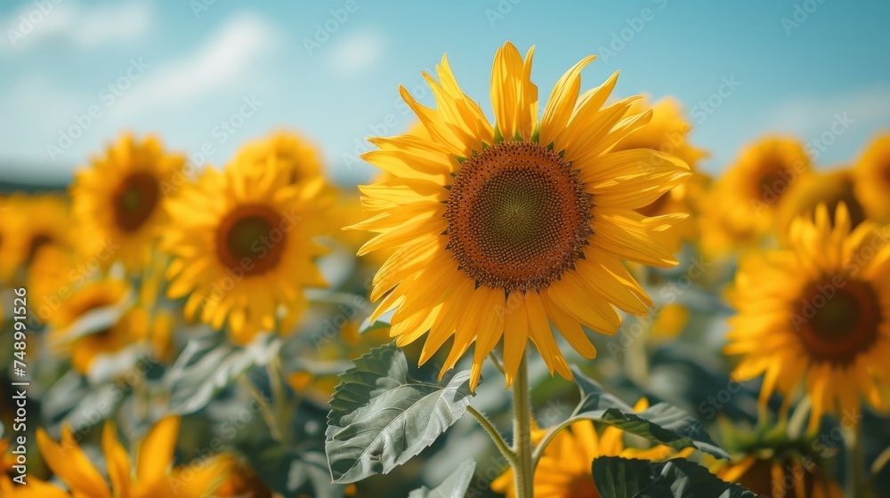 Fototapeta premium A sunflower field with tall sunflowers standing against a clear blue sky