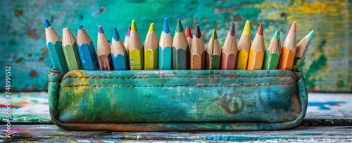 a pencil case with pencils and books
