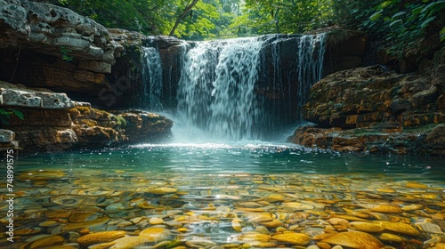 a waterfall, with crystal-clear water cascading over rocks into a serene pool...