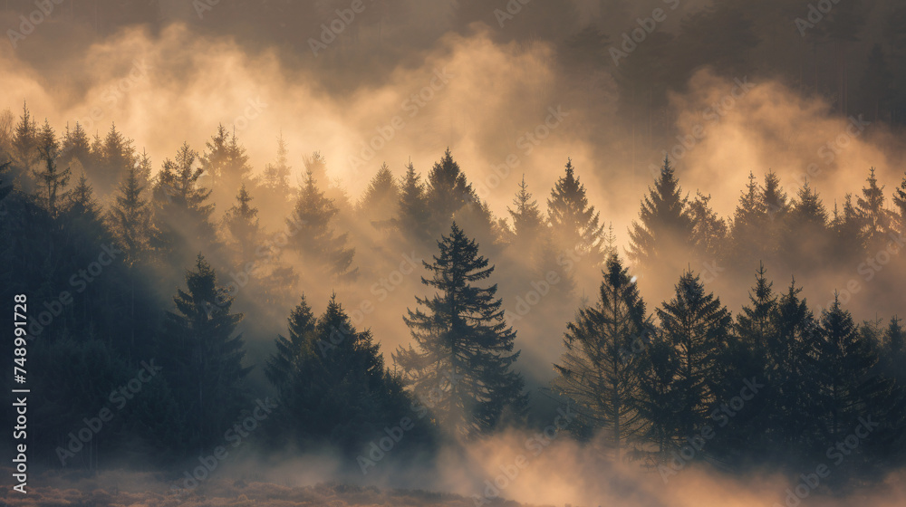 A serene morning mist enveloping a quiet forest at dawn. - obrazy, fototapety, plakaty 