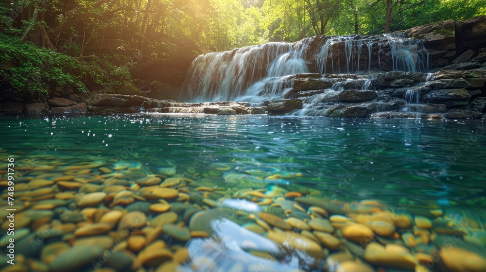 a waterfall, with crystal-clear water cascading over rocks into a serene pool below