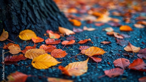 A minimalist shot of autumn leaves, with a few colorful leaves scattered on t...