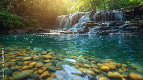 a waterfall, with crystal-clear water cascading over rocks into a serene pool...