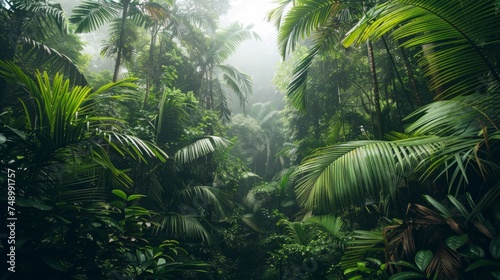 A tropical rainforest  characterized by towering trees and dense greenery