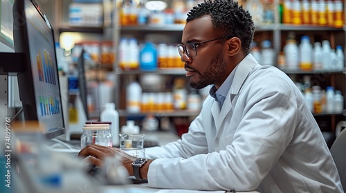 A man in a lab coat is working on a computer in a pharmacy