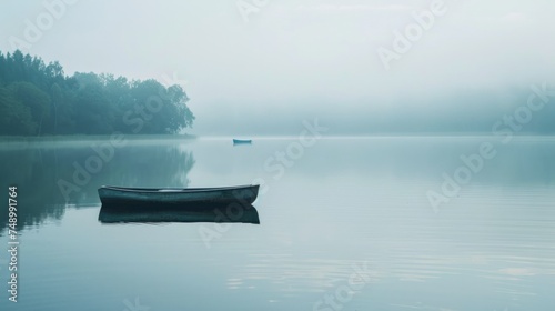 tranquil lake, with clear water reflecting the surrounding trees and a single...