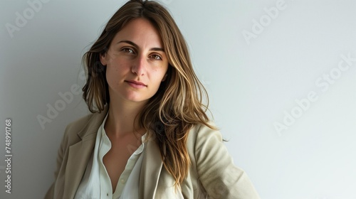 Woman with long light brown hair wearing beige blazer and white shirt, looking thoughtful. photo