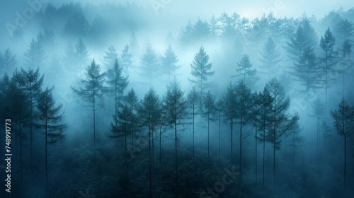 A minimalist photograph of a misty forest, with tall trees fading into the fo...