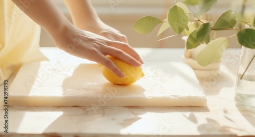 a person cleaning a countertop on the street