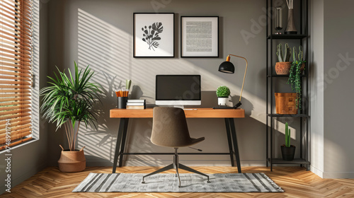 A minimalist home office with a simple desk, ergonomic chair
