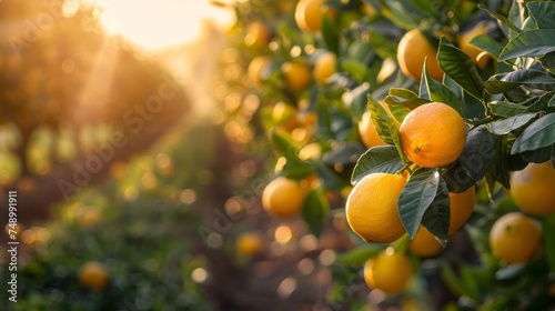 A citrus grove, with rows of orange and lemon trees stretching into the distance