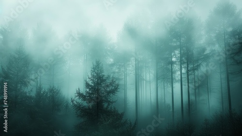 A minimalist photograph of a misty forest, with tall trees fading into the fo...