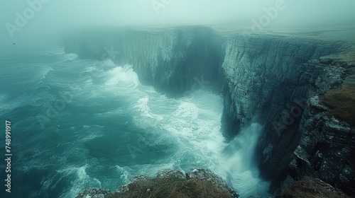 rugged coastline, with cliffs plunging into the sea and waves crashing agains...