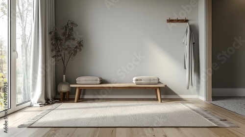 A minimalist entryway with a small bench  a few hooks for coats  and a minimalist rug