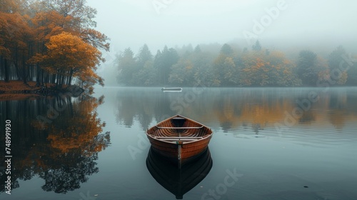 tranquil lake, with clear water reflecting the surrounding trees and a single...