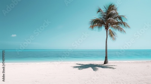 A sandy beach with clear blue skies  sparkling water  and a single palm tree casting a shadow