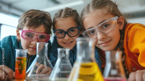 group of children wearing glasses are smiling as they look at bottles filled with colorful liquid on chemistry class. They are sharing their vision care goggles and happy to see the drinkware