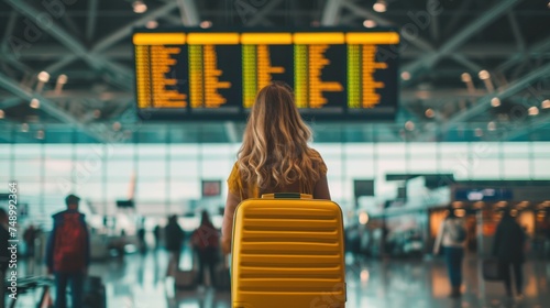 woman at an international airport check flight information board, checking travel time on board at airport, travel, payment, due, booking, online, check in