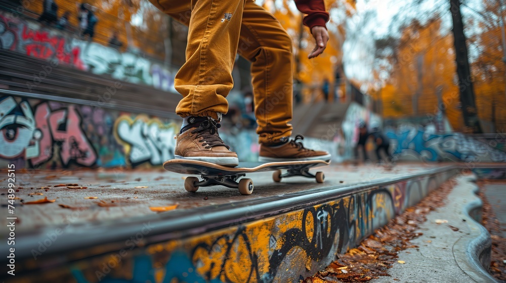 Legs rolling on the wooden ramp with skateboard wheels on asphalt road